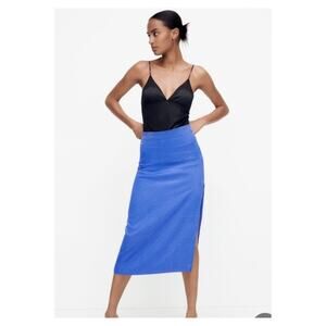 ZARA Polka Dot Satin Slit Leg Midi Skirt M Blue